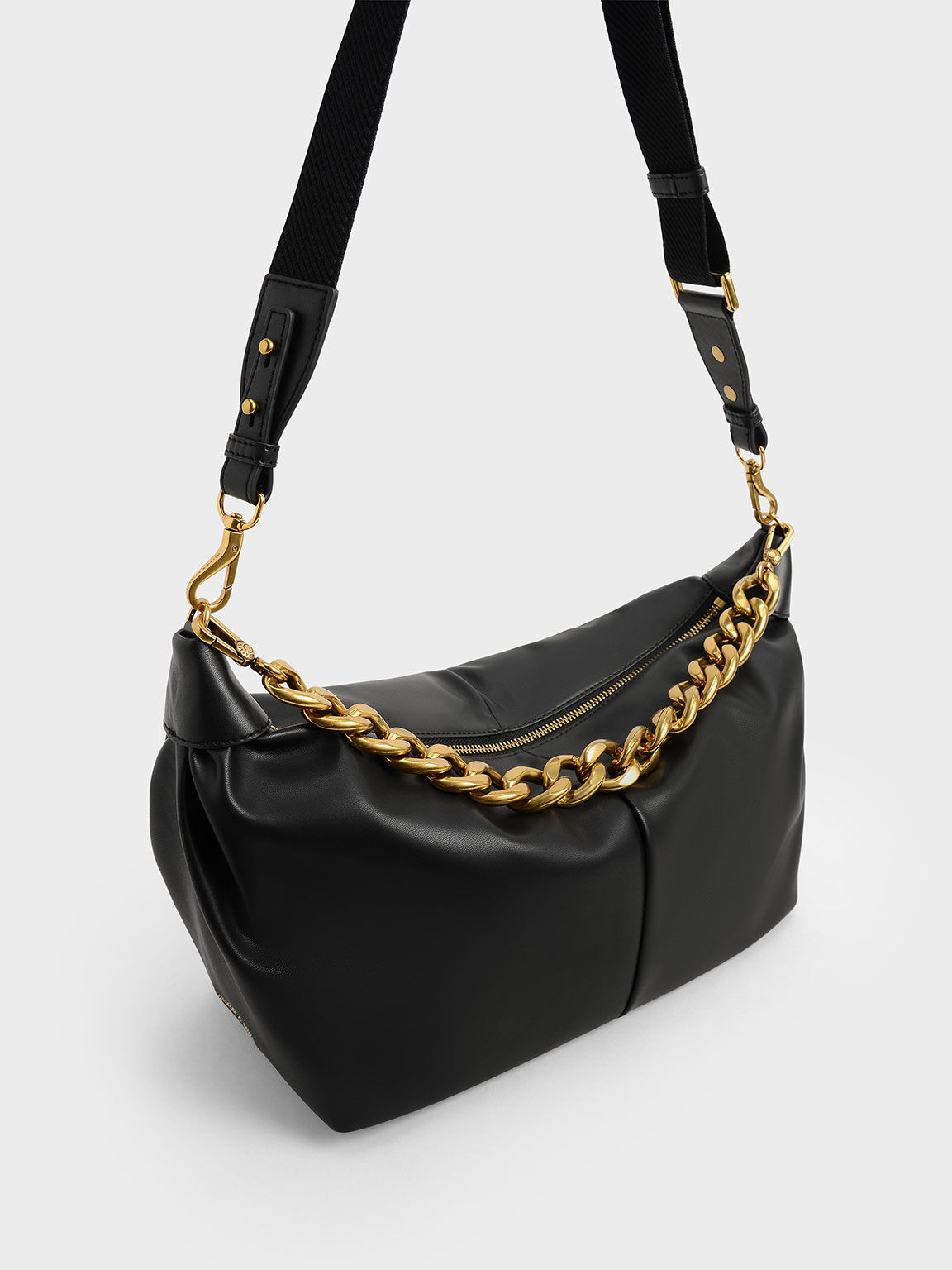 Chunky Chain Link Hobo Bag, Black, hi-res