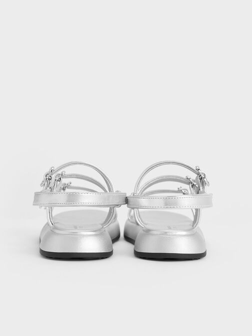Girls' Metallic Heart-Embellished Strappy Sandals, Silver, hi-res