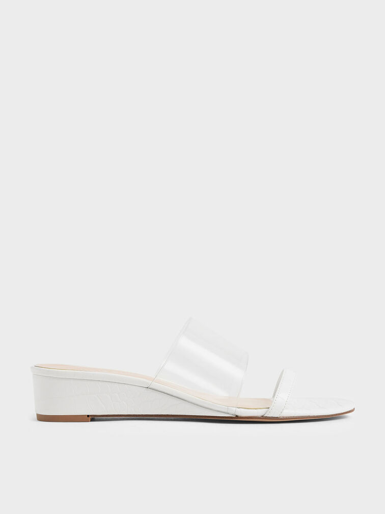 Croc-Effect Low Wedges, White, hi-res