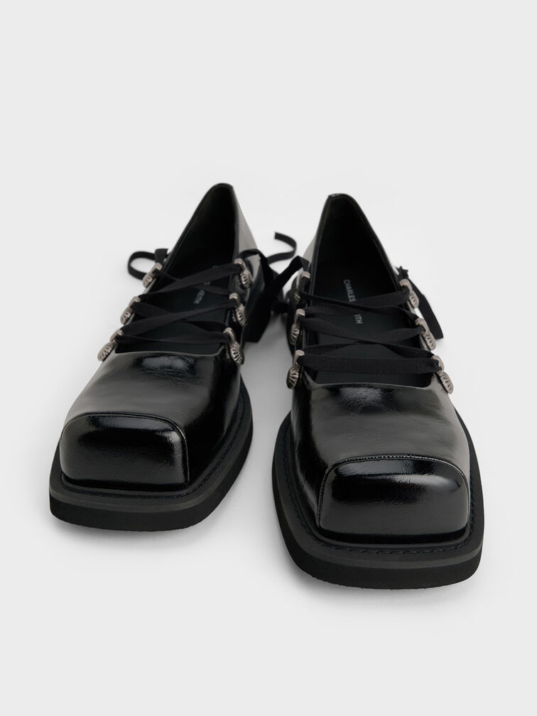 Bailarinas con cordones y adornos de corazón, Negro, hi-res