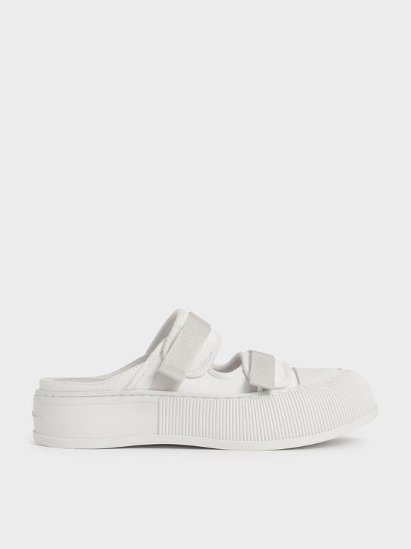 Canvas Velcro Sneaker Mules, White, hi-res