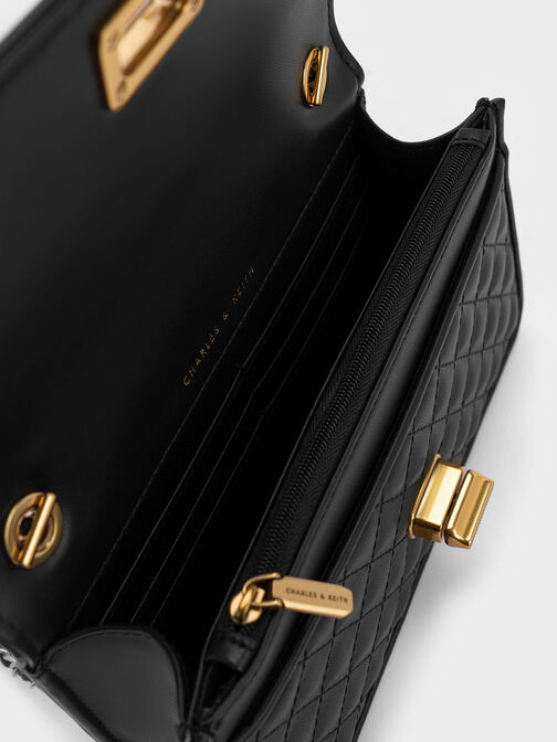 Metallic Turn-Lock Quilted Clutch, Black, hi-res