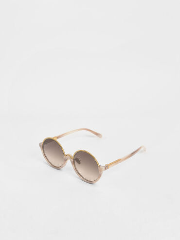 Printed Half Frame Embellished Round Sunglasses, Cream, hi-res