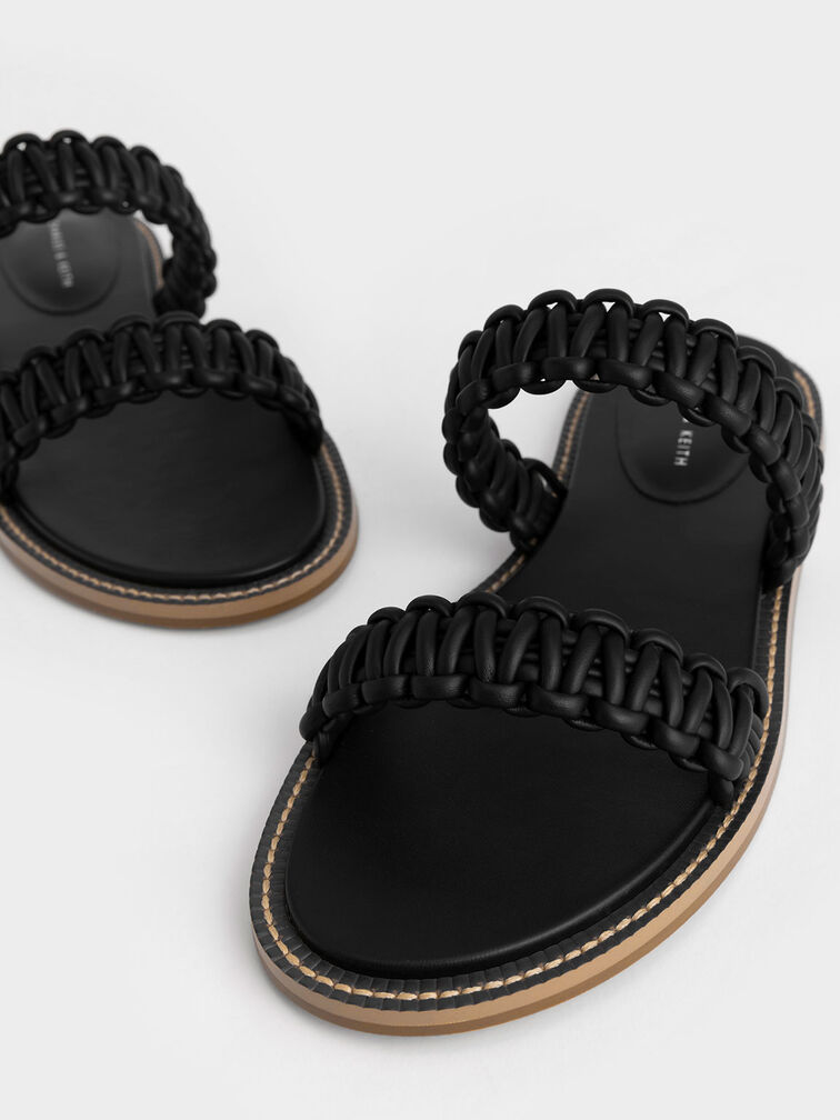 Braided Strap Slide Sandals, Black, hi-res
