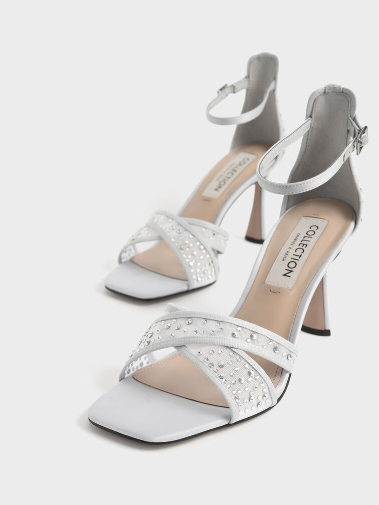 Blythe Mesh & Satin Embellished Sandals, Silver, hi-res