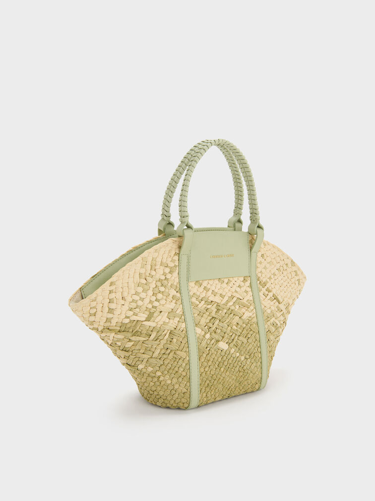 Bolso de rafia tipo cesta Shalia, Verde matcha, hi-res