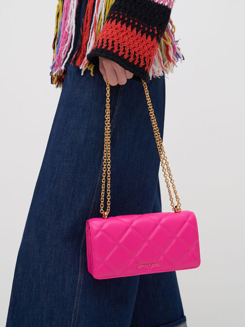 Paffuto Chain Handle Quilted Long Wallet, Fuchsia, hi-res
