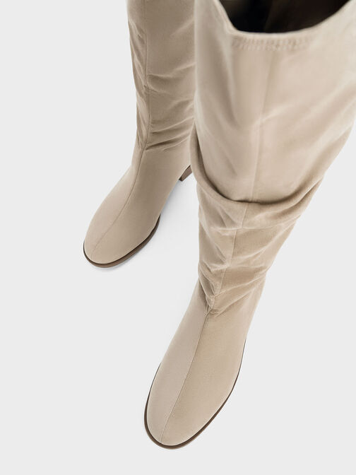 Textured Ruched Knee-High Boots, Taupe, hi-res
