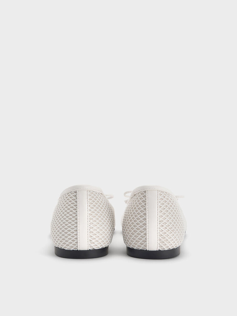 Mesh Square-Toe Bow Ballet Flats, White, hi-res