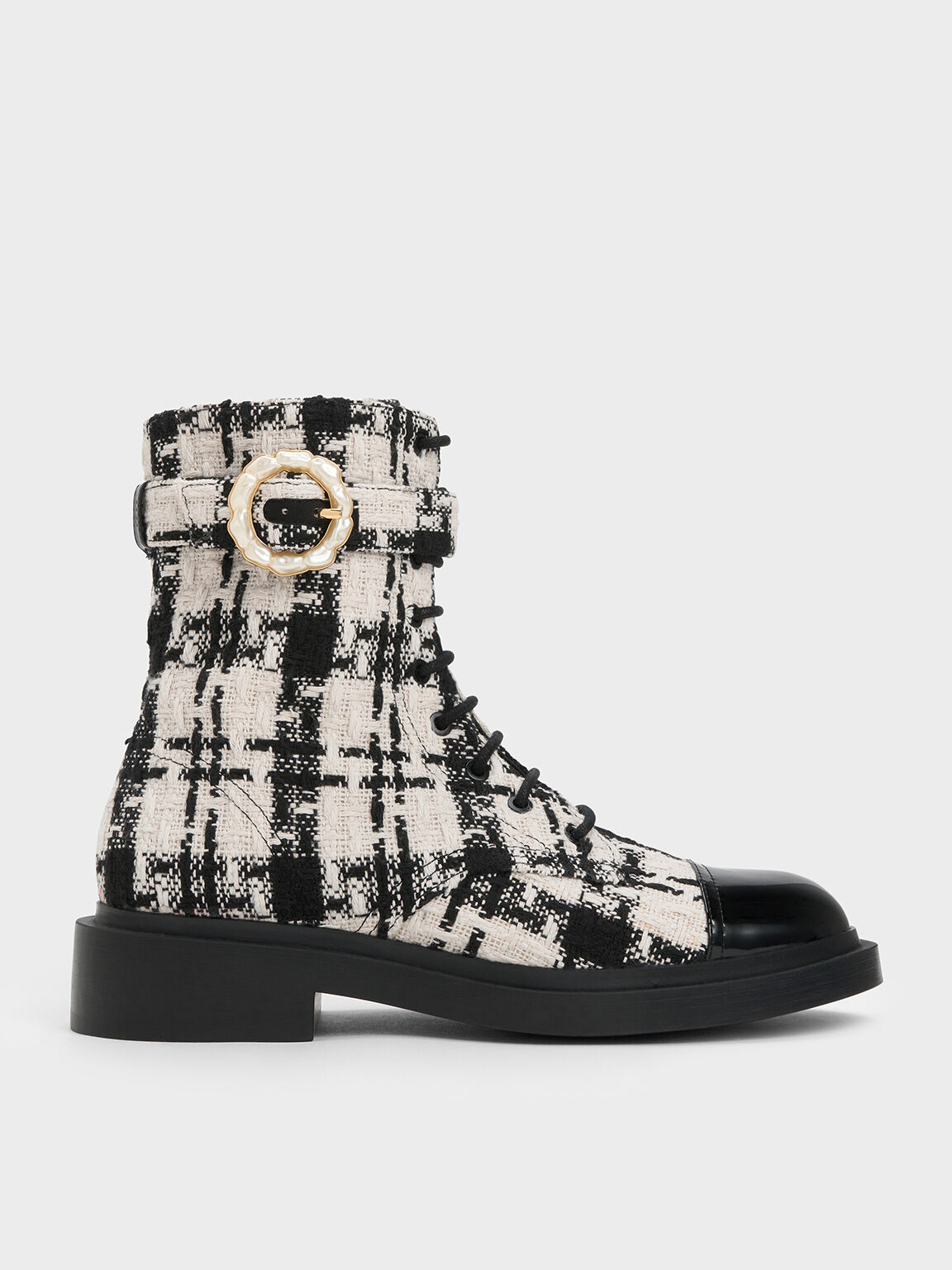 Blktxt Pearl Buckle Lace Up Tweed Ankle Boots CHARLES KEITH KH