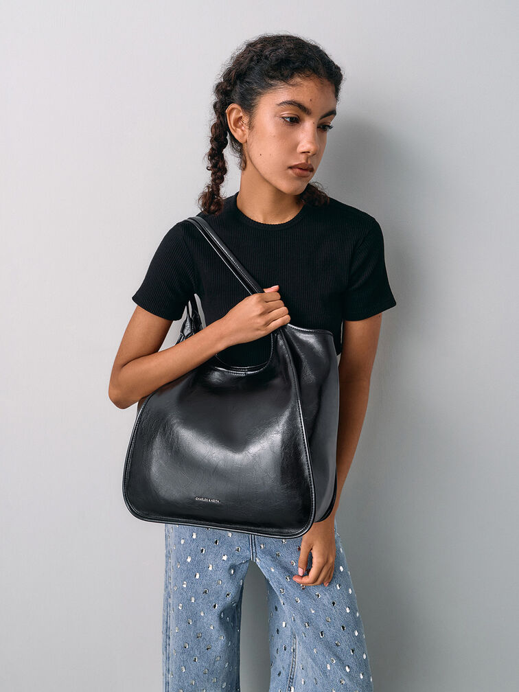 Bolso tote holgado Sianna de efecto arrugado, Negro, hi-res