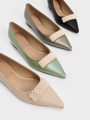 真皮珍珠釦平底鞋, 綠色, hi-res