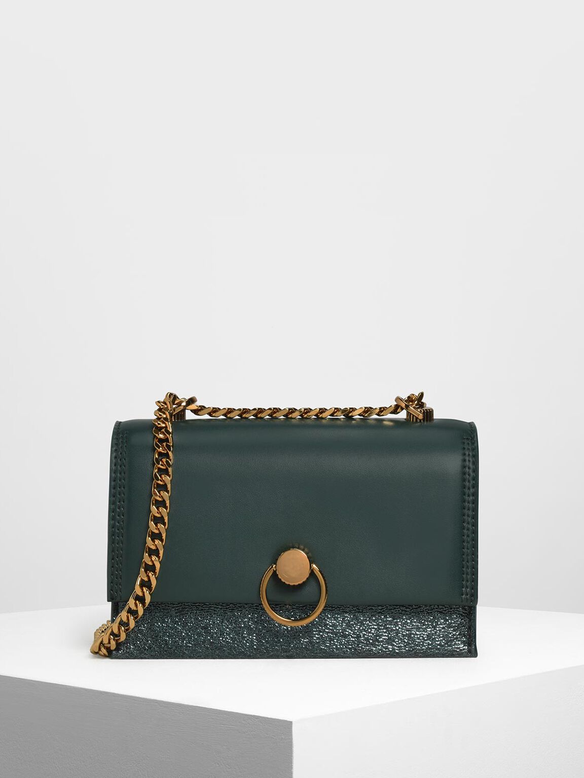 Metallic Ring Push Lock Bag, Green, hi-res