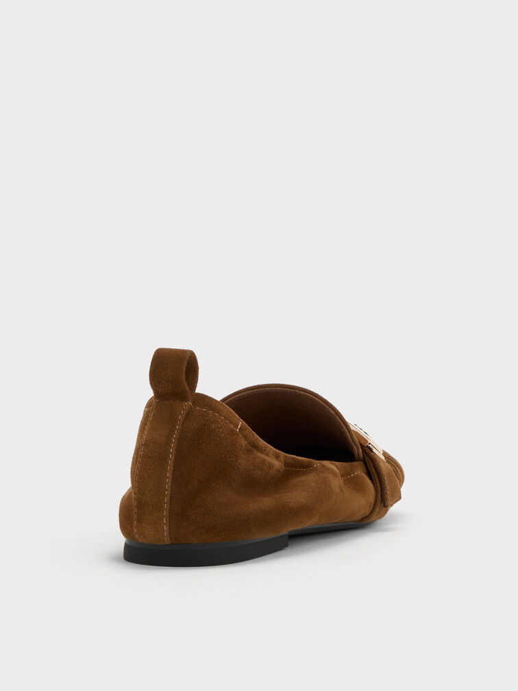 Cody Suede Metallic-Buckle Ruched Loafers, Brown, hi-res