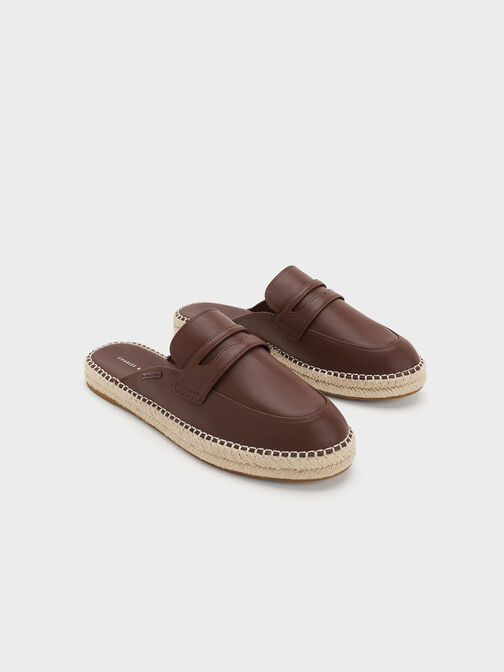 Penny Loafer Backless Espadrilles, Brown, hi-res