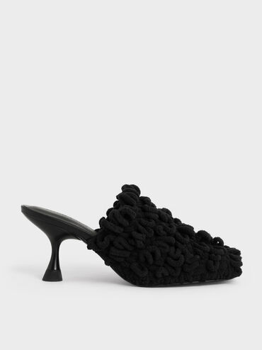 Textured Spool Heel Mules, Black, hi-res