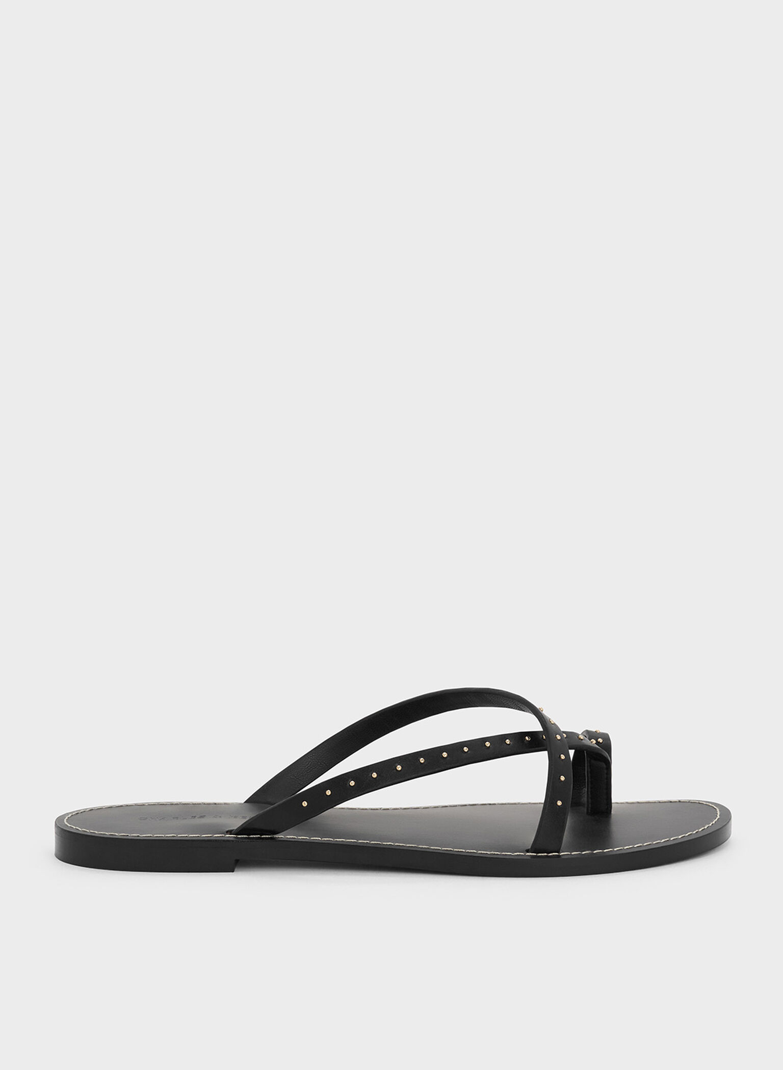 Studded Asymmetric Strappy Toe-Ring Sandals, Black, hi-res
