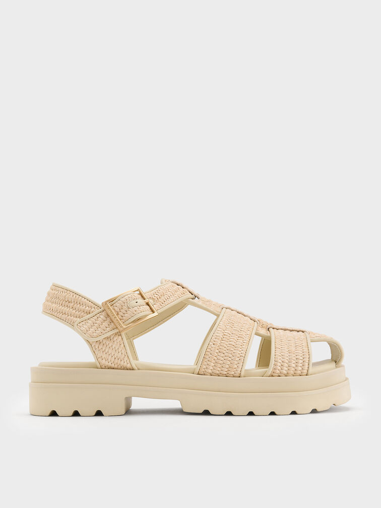 Raffia Caged Sandals, Cream, hi-res