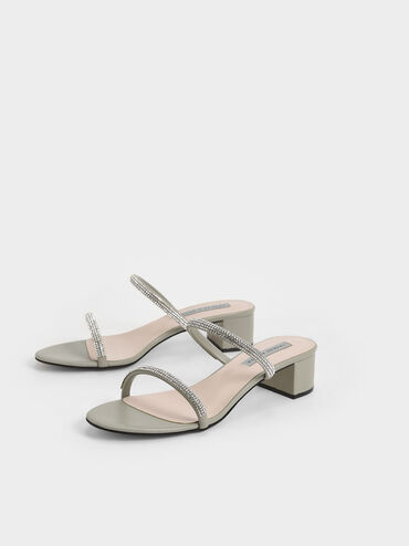 Gem-Encrusted Strappy Heeled Mules, Sage Green, hi-res