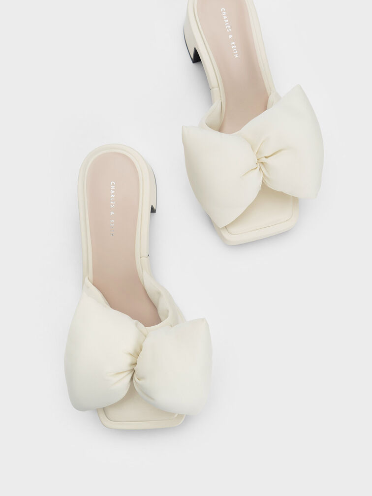 Puffy Bow Heeled Mules, Cream, hi-res