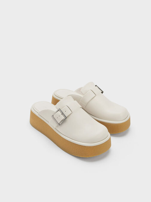 Textured Buckled Flatform Mules, Cream, hi-res