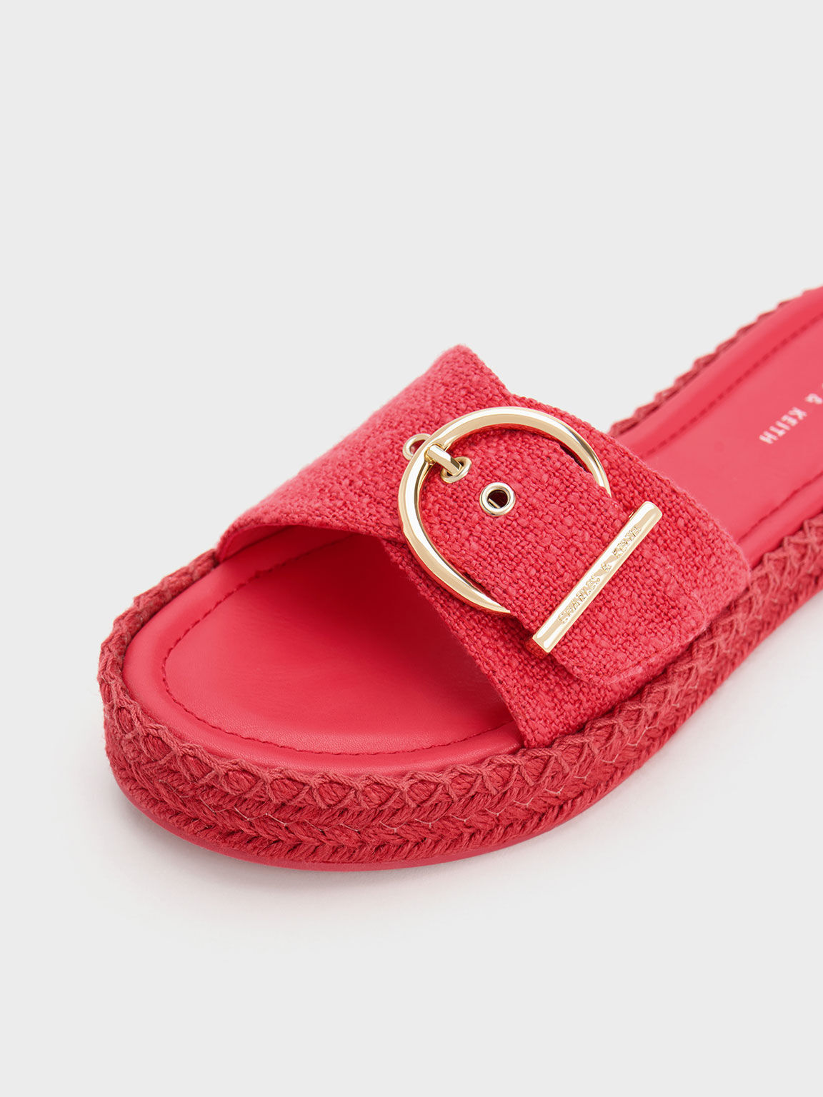 半圓釦草編厚底拖鞋, 紫紅色, hi-res