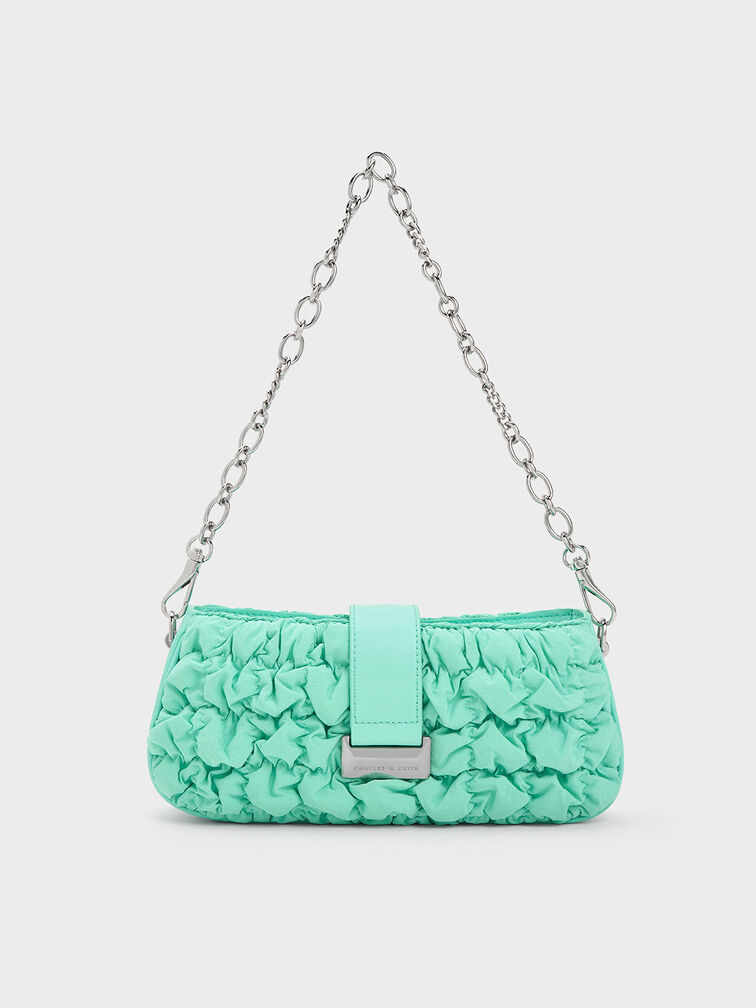 Ruched Nylon Chain Handle Bag, Mint Green, hi-res