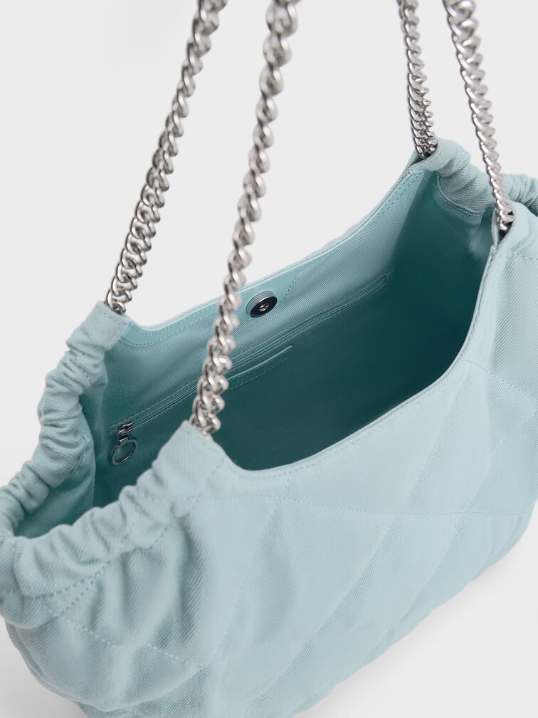 Braided Handle Denim Tote Bag, Light Blue, hi-res