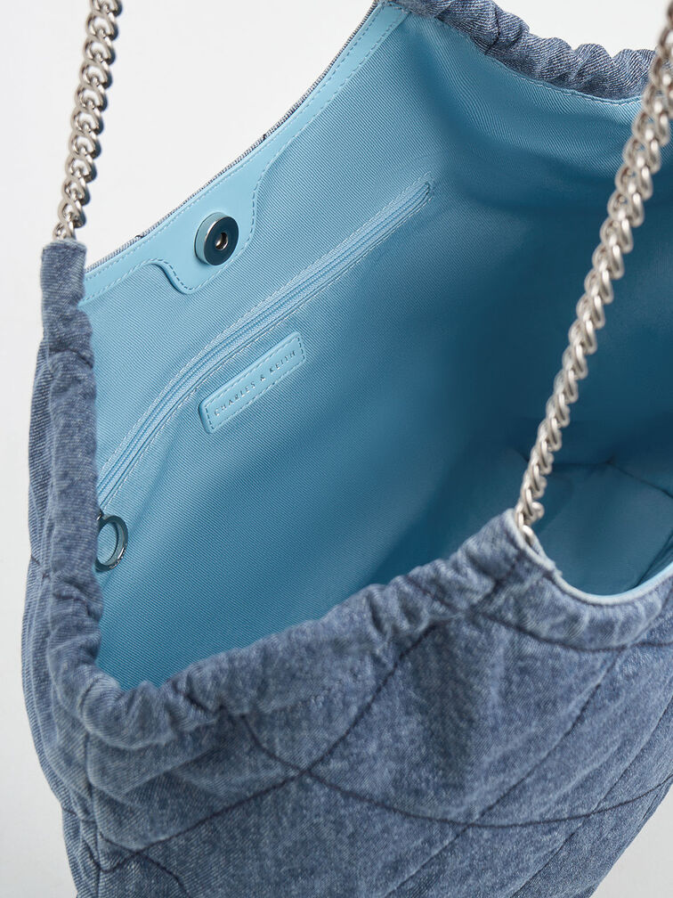 Braided Handle Denim Tote Bag, Light Blue, hi-res