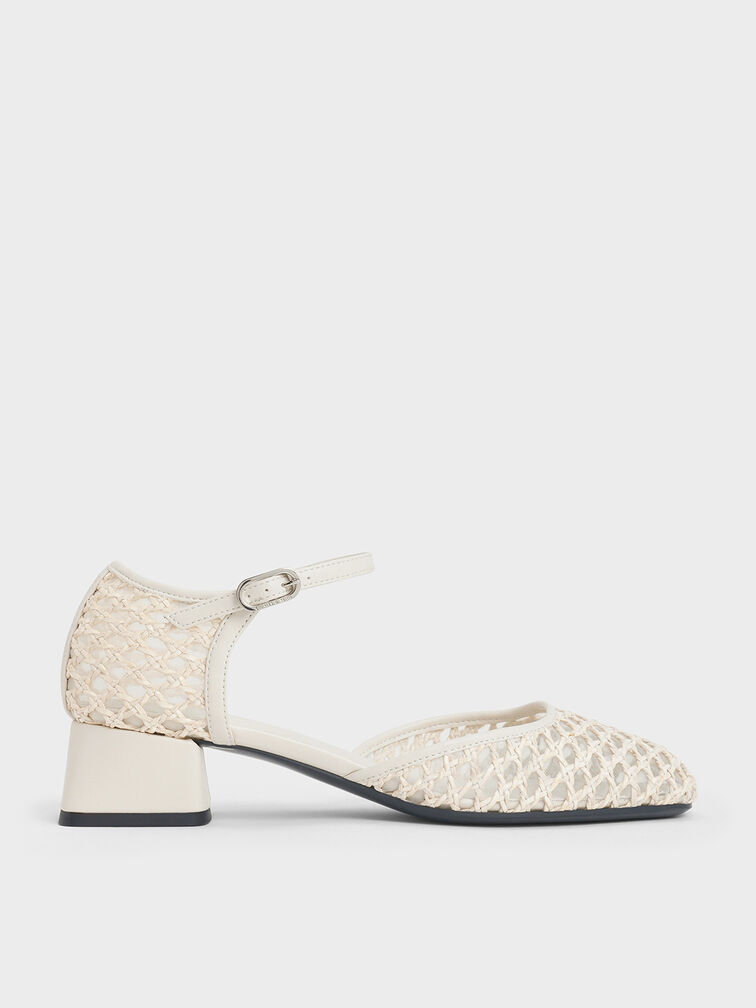Woven D'Orsay Ankle-Strap Pumps, Chalk, hi-res