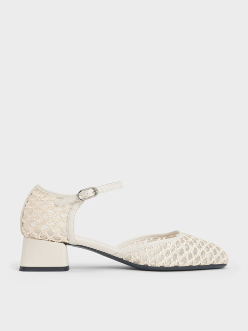 Woven D'Orsay Ankle-Strap Pumps, Chalk, hi-res