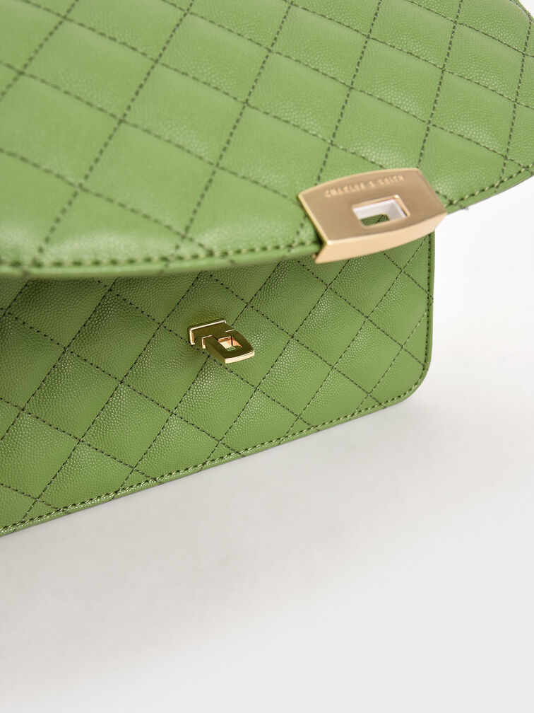 Quilted Chain Strap Clutch, Green, hi-res
