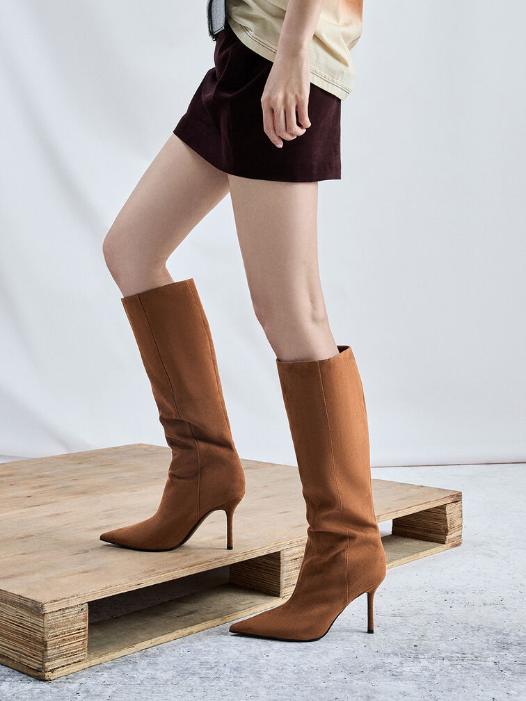 Faux Suede Pointed-Toe Stiletto-Heel Knee-High Boots, Cognac, hi-res