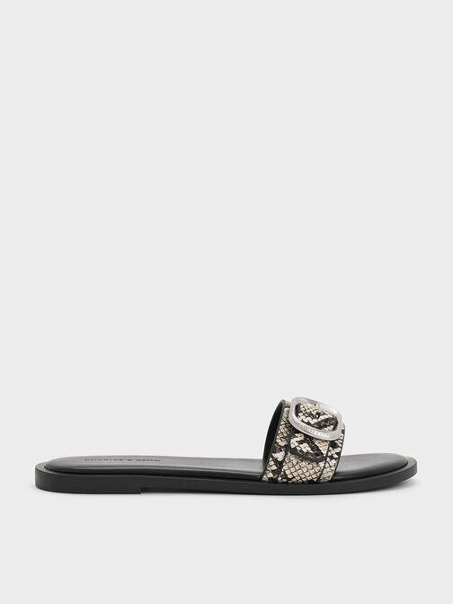 Snake-Print Buckle-Strap Slide Sandals, Animal Print Natural, hi-res