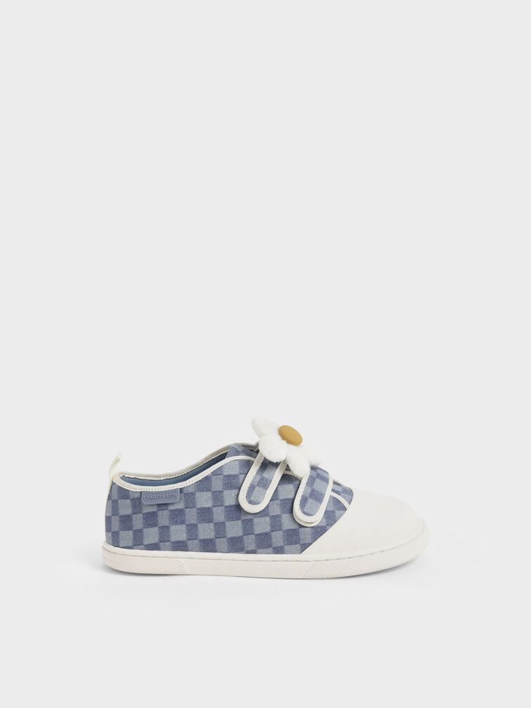 Girls' Flower-Embellished Denim Check-Print Sneakers, Blue, hi-res