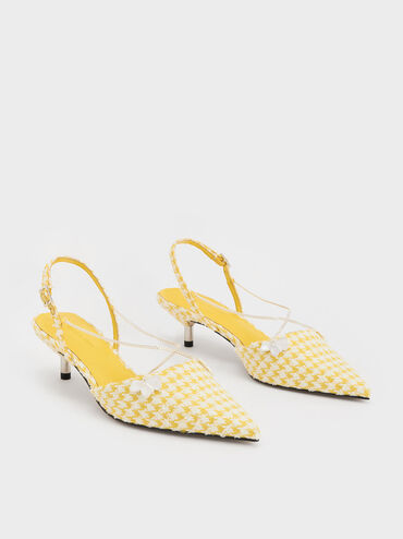 Houndstooth Flower-Accent Chain-Link Kitten-Heel Pumps, Yellow, hi-res