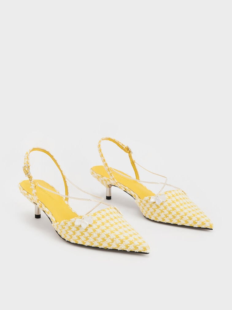 Zapatos de tacón bajo estampado pata de gallo con cadena y detalle floral, Amarillo, hi-res