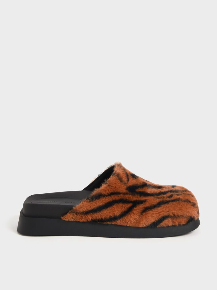 Marcy Furry Flat Mules, Animal Print Orange, hi-res