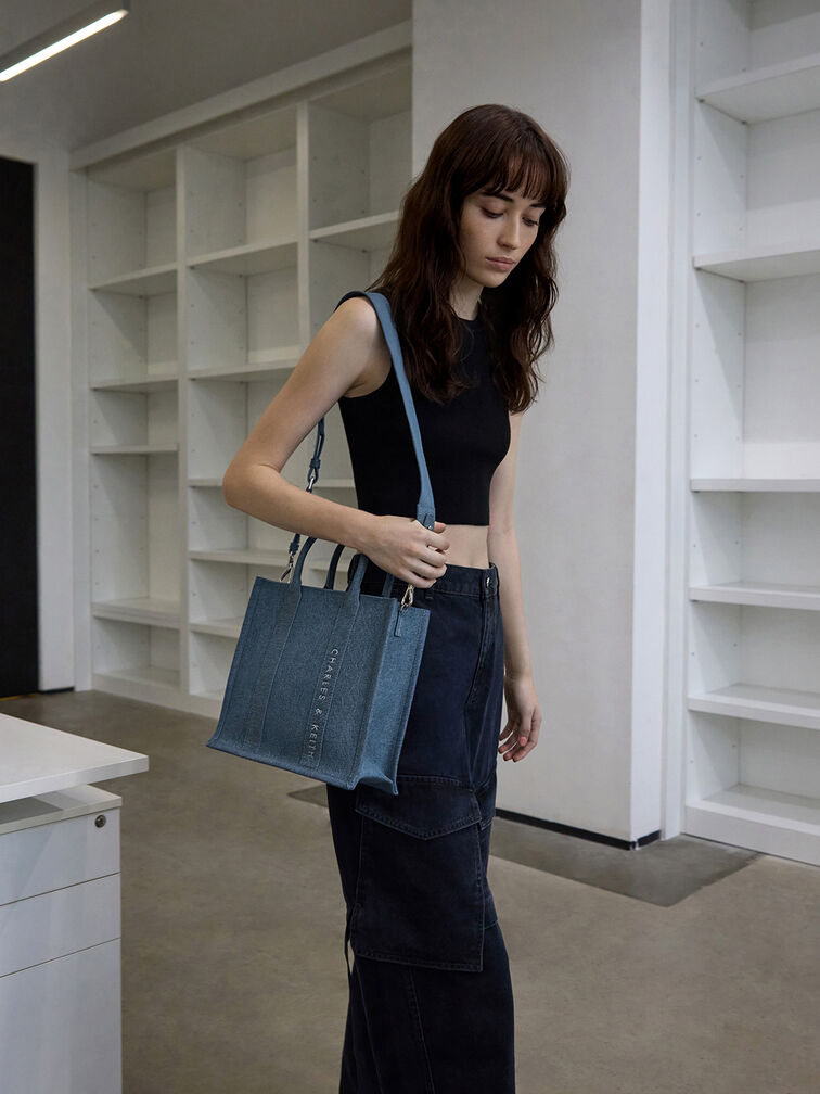 Clover Denim Tote Bag, Denim Blue, hi-res