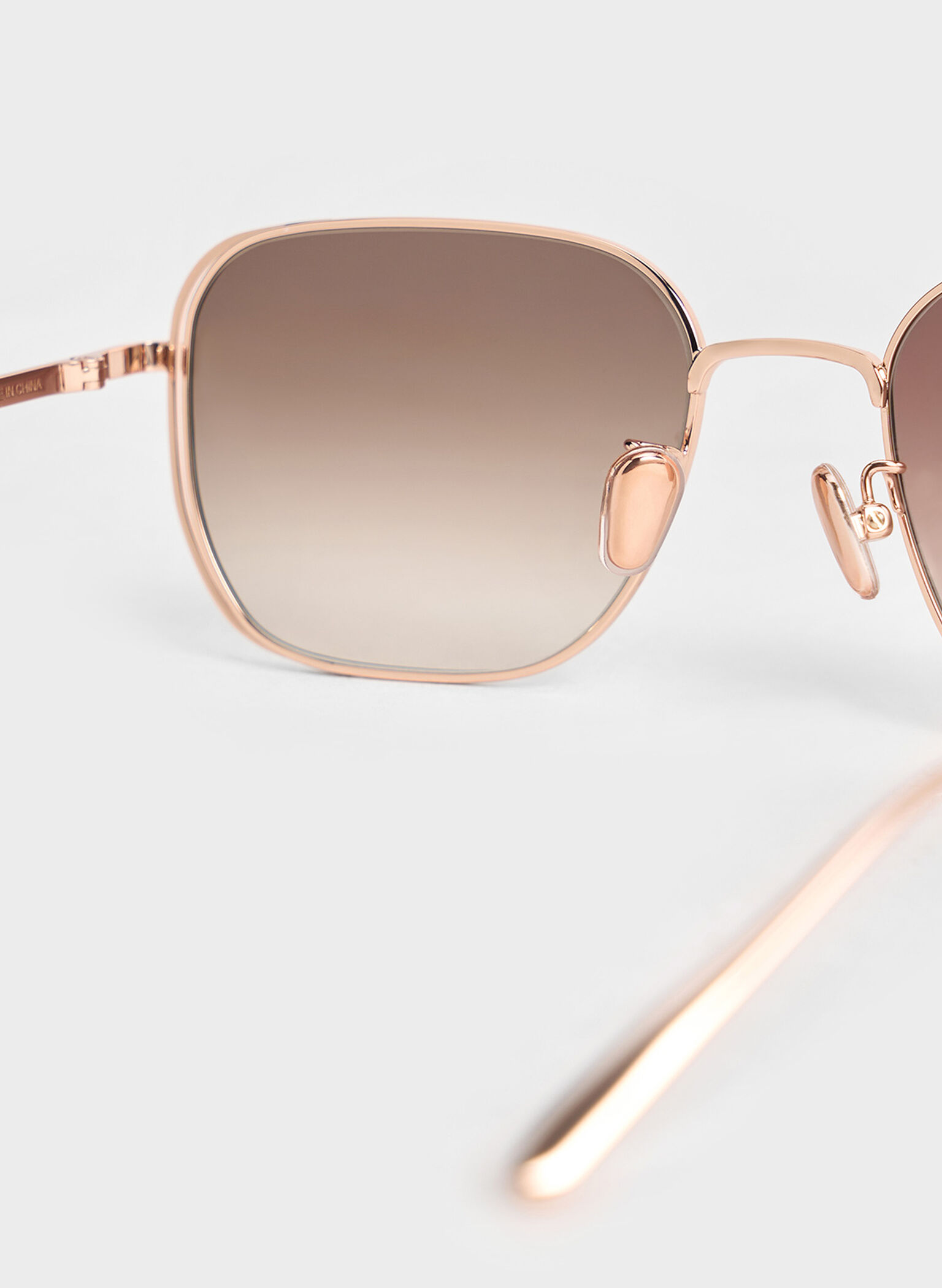 Metallic-Rim Rectangular Sunglasses, Rose Gold, hi-res