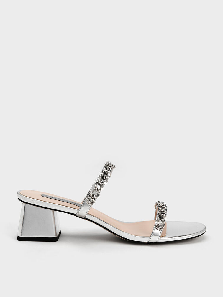 Silver Chain-Link Block Heel Sandals - CHARLES & KEITH US