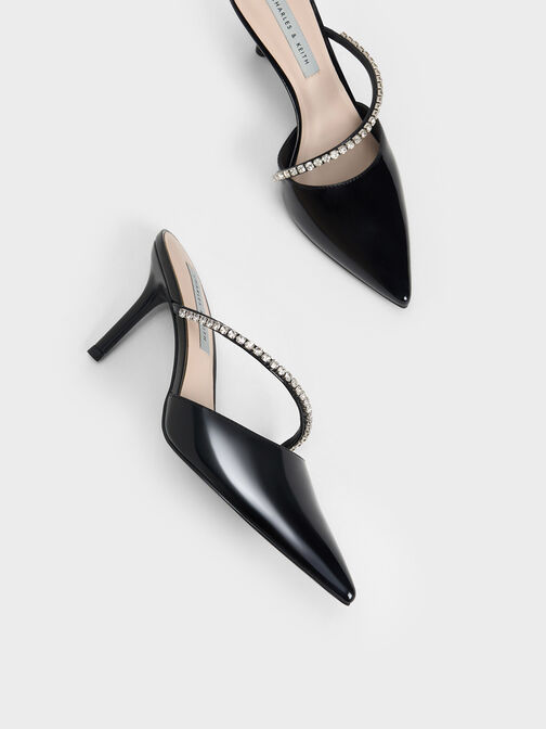 Gem-Encrusted Patent Stiletto Mules, Black Patent, hi-res