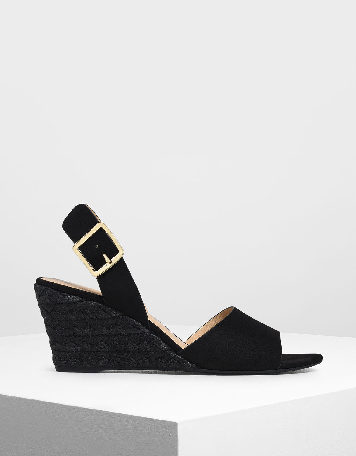 Black Chunky Buckle Espadrille Wedges 