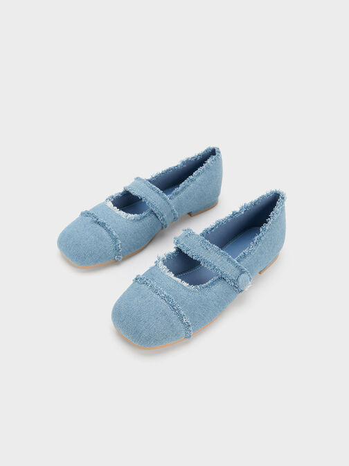 Girls' Denim Mary Jane Flats, Light Blue, hi-res