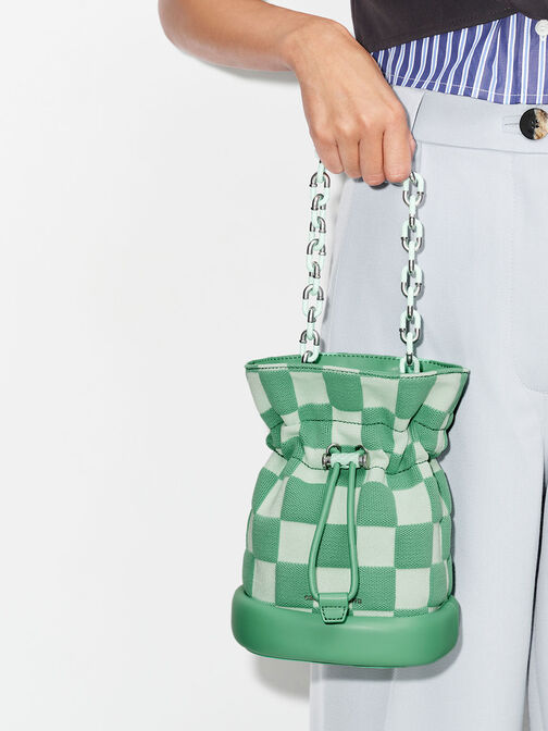 Shiloh Checkerboard Drawstring Bucket Bag, Green, hi-res