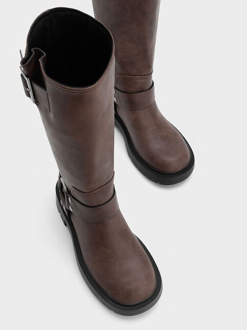 Metallic Buckled Knee-High Boots, Dark Brown, hi-res