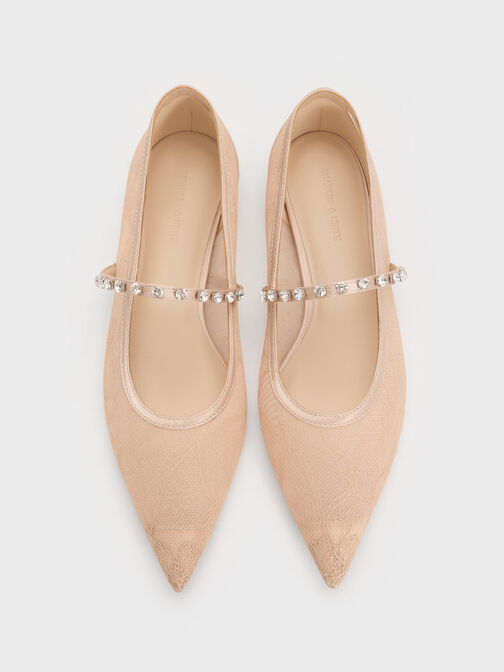 Lace & Satin Crystal Mary Jane Flats, Nude, hi-res