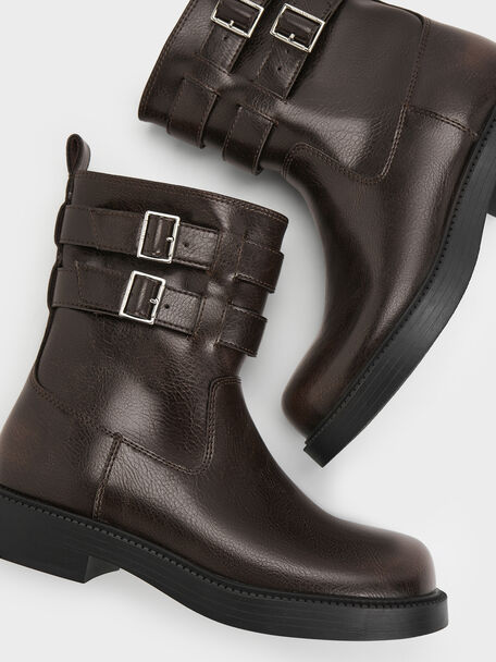 Girls' Double Buckle-Strap Ankle Boots, Dark Brown, hi-res