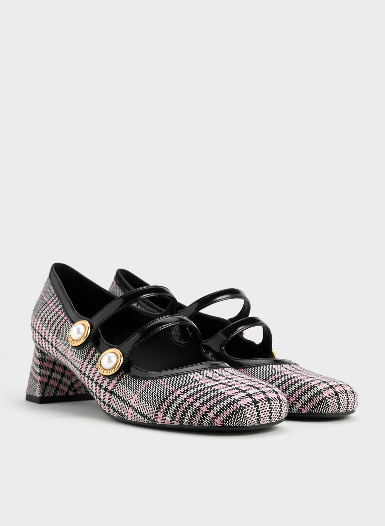 Plaid Pearl-Buckle Mary Jane Pumps, Pink, hi-res