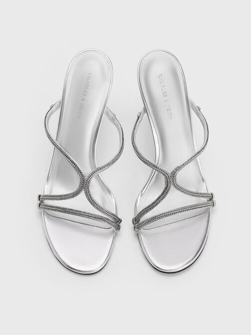Metallic Braided Strappy Heeled Mules, Silver, hi-res